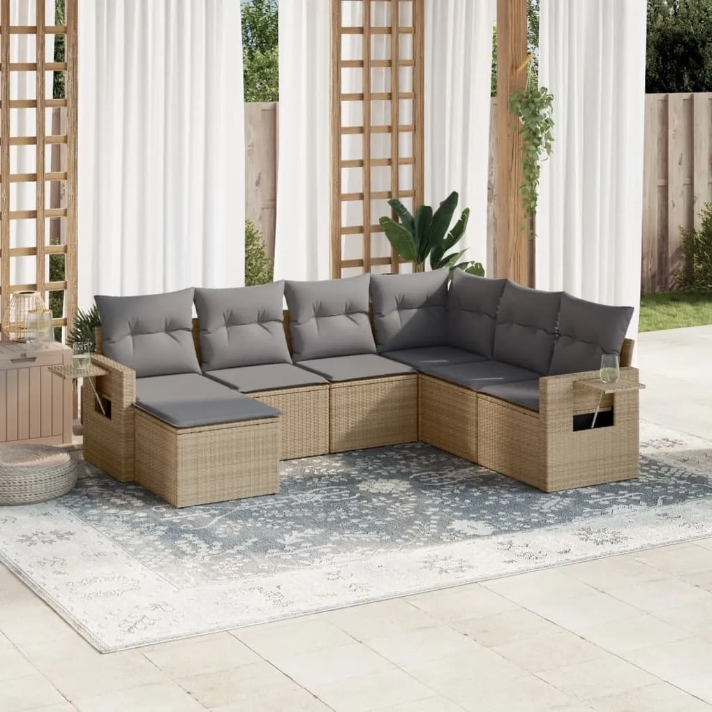 Set Divani da Giardino 7 pz con Cuscini Beige in Polyrattan