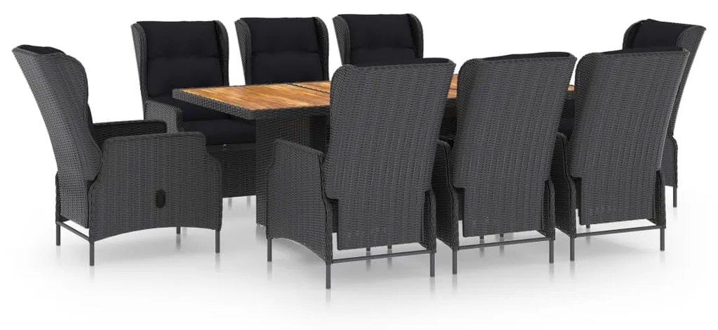 Set da pranzo giardino 9 pz con cuscini polyrattan grigio scuro