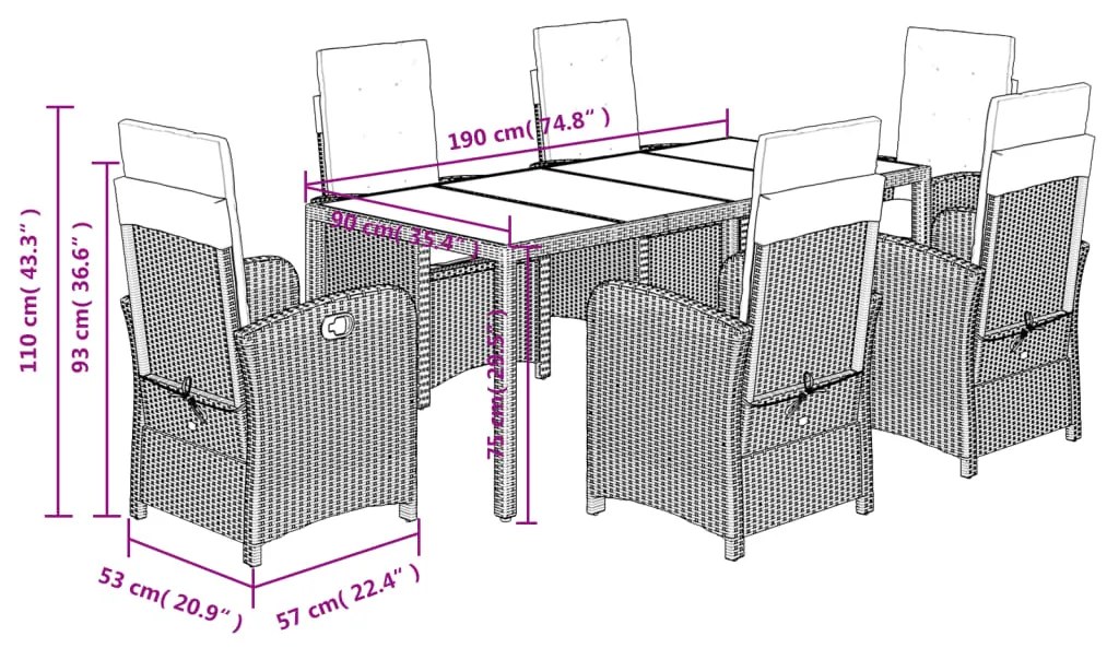 Set da Pranzo da Giardino 7 pz con Cuscini in Polyrattan Grigio