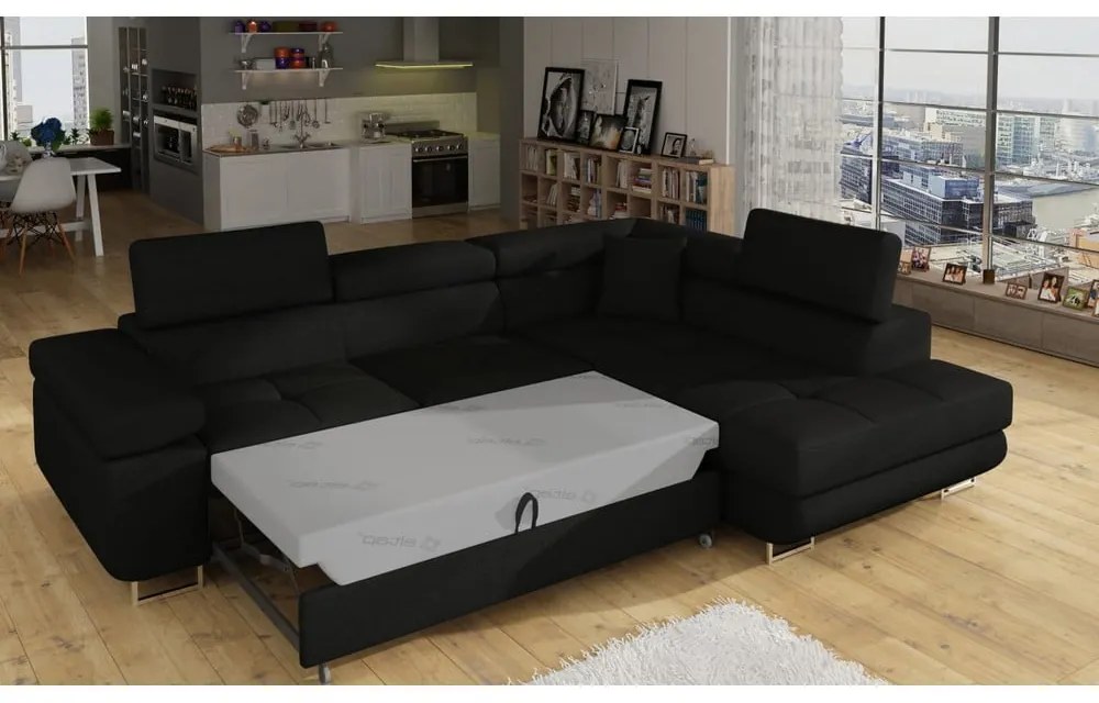 Divano angolare nero allungabile/con contenitore (con penisola a destra/a L) Anton – ELTAP