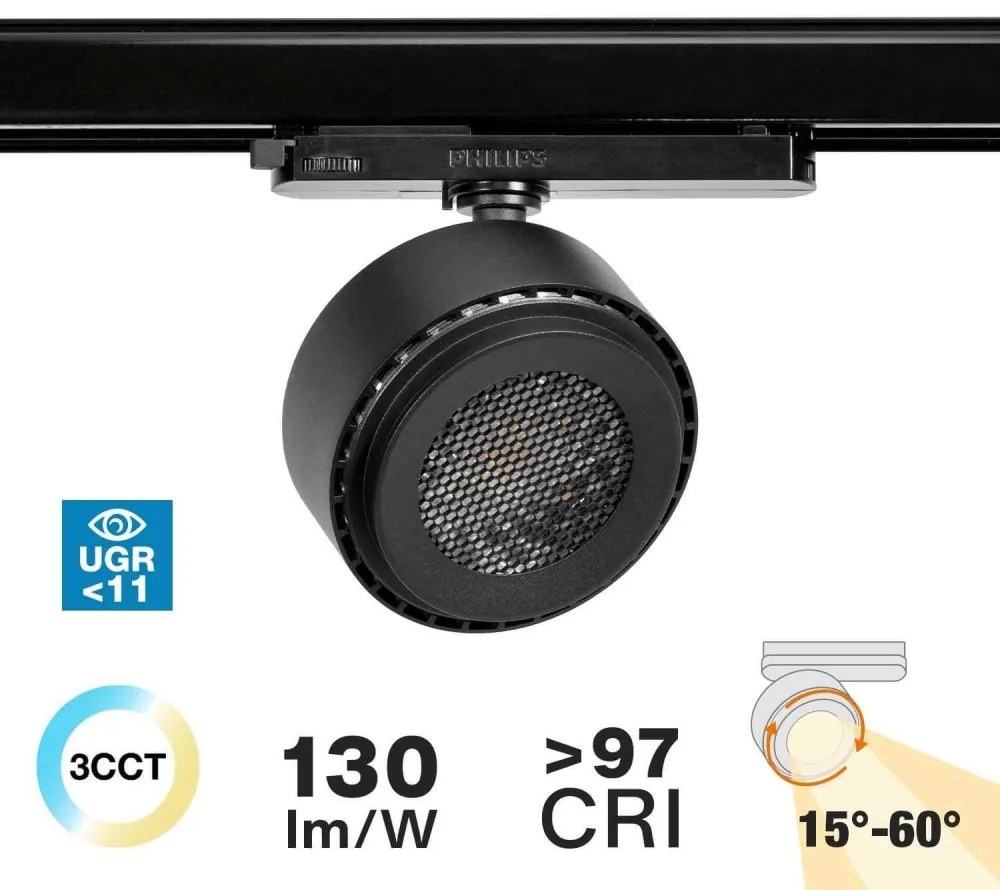 Faro LED 34W,Trifase, Regolabile 15°-60° Nero con driver Philips CRI97 UGR11 Colore Bianco Variabile CCT