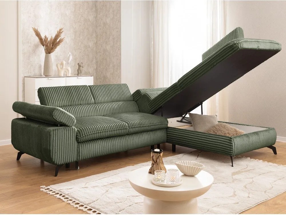 Divano angolare verde (con penisola a destra/a L) con rivestimento in velluto a coste Marbeya – Ropez