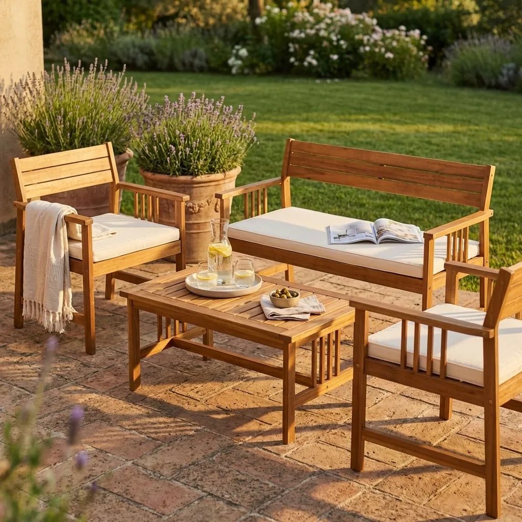 CAESAR - salotto da giardino in legno massiccio di acacia 2 posti completo di cuscini