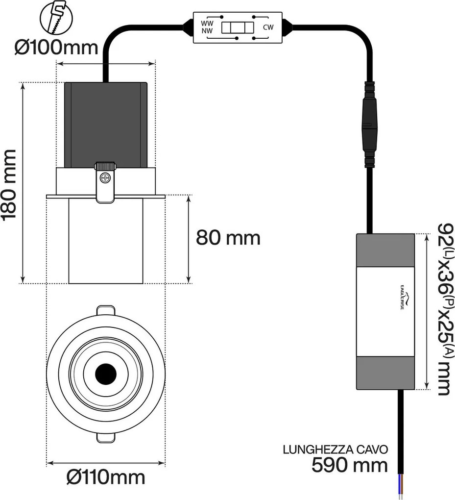 Faro LED da Incasso 15W Orientabile CCT Bianco Variabile Foro Ø75mm Colore Bianco Variabile CCT