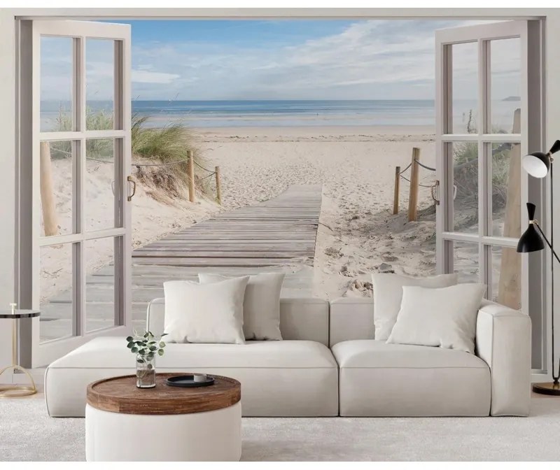 Carta Da Parati, Vista finestra spiaggia mare natura Dimensioni 210x150