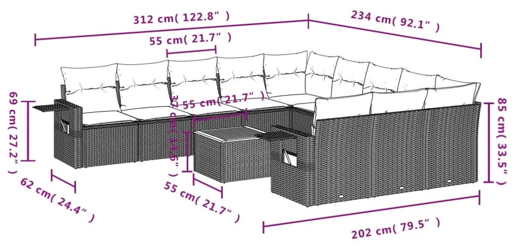 Set Divani da Giardino 12 pz con Cuscini Nero in Polyrattan