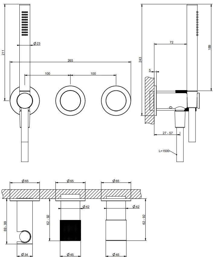 Parte esterna miscelatore doccia a parete due vie senza parte incasso doccetta brass brushed habito 70038 Gessi