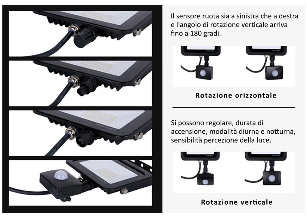 Faro Led Flood Light Slim 100W IP65 Bianco Neutro Carcassa Nera Sensore PIR Opzionale CL1918