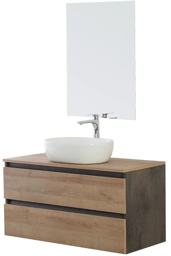 Mobile Bagno Sospeso con Lavabo da Appoggio e Specchio 2 Cassetti Salvaspazio in Legno cm 80 – Rovere di Bordeaux