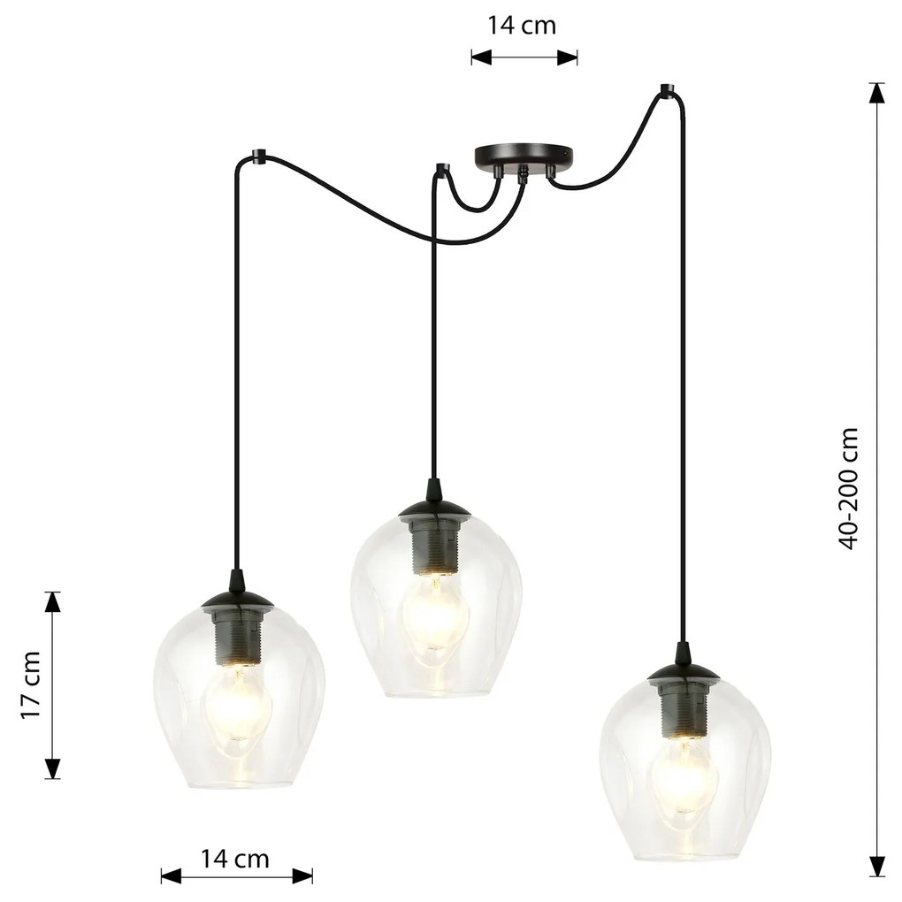 Sospensione 3 Luci Level In Acciaio Nero E Vetro Trasparente Con Cavi Lunghi