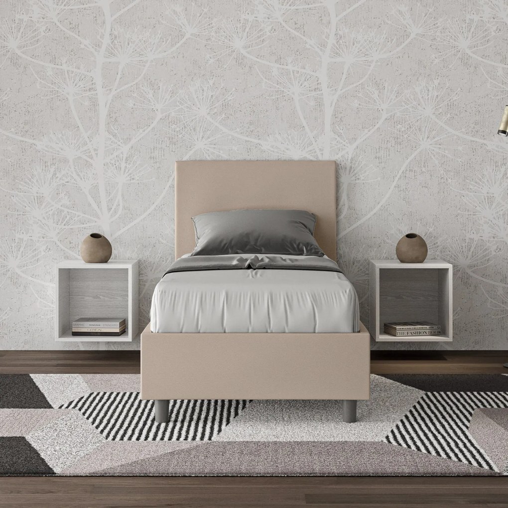 Letto singolo imbottito 80x210 similpelle Adele senza rete e contenitore, Tortora / Contenitore
