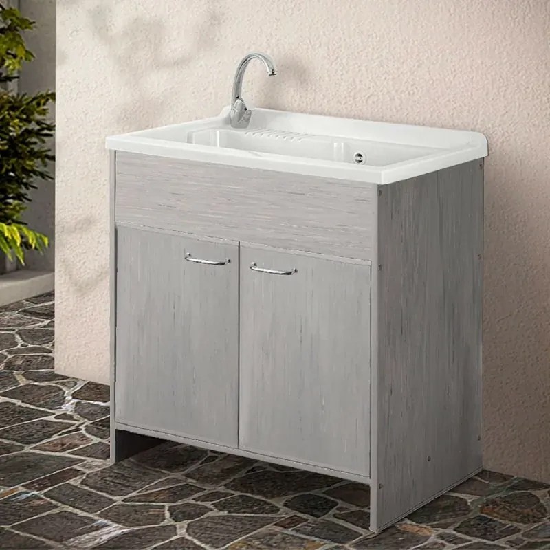 Mobile lavatoio 80 cm in PVC rovere kit di montaggio scarico incluso