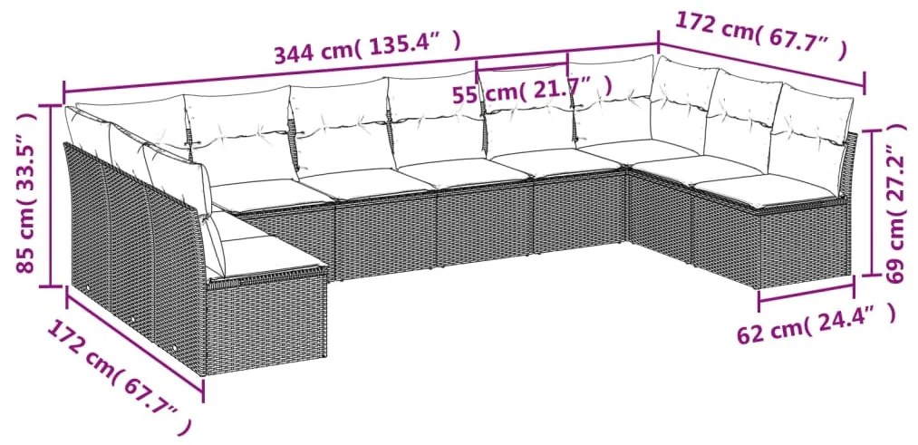 Set Divani da Giardino 10pz con Cuscini in Polyrattan Marrone