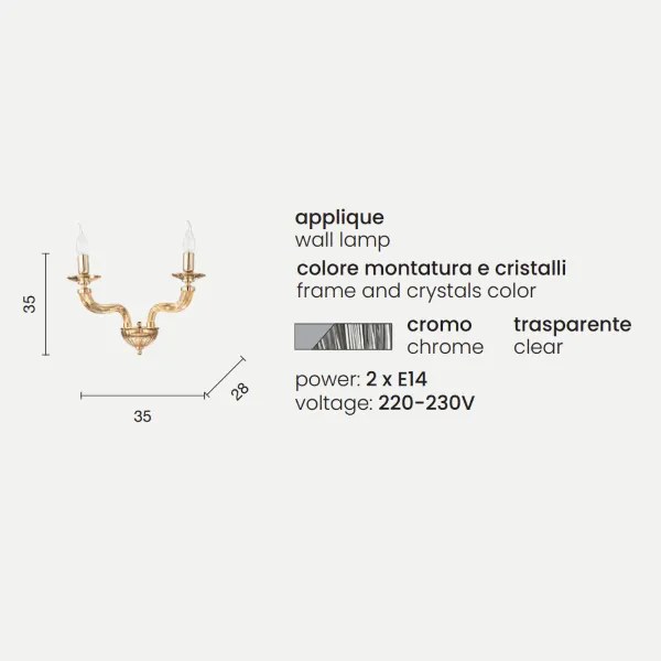 Applique VILLA a 2 luci in vetro lavorato a mano Cromo 35x28 cm