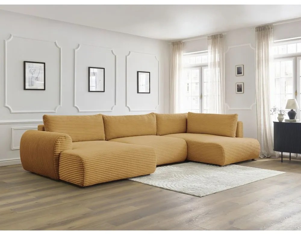 Divano angolare color senape allungabile/con contenitore (con penisola a destra/a U) con rivestimento in velluto a coste Lucien – Bobochic Paris