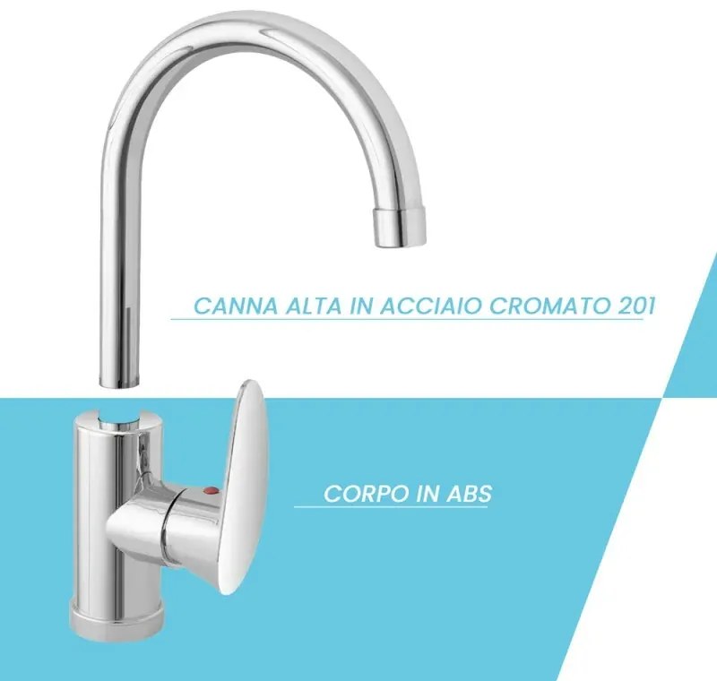Lavatoio in resina 50x35 bianco con miscelatore a canna alta inox e scarico incluso