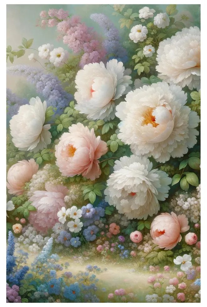 Quadro su tela – Giardino pieno di peonie e fiori estivi