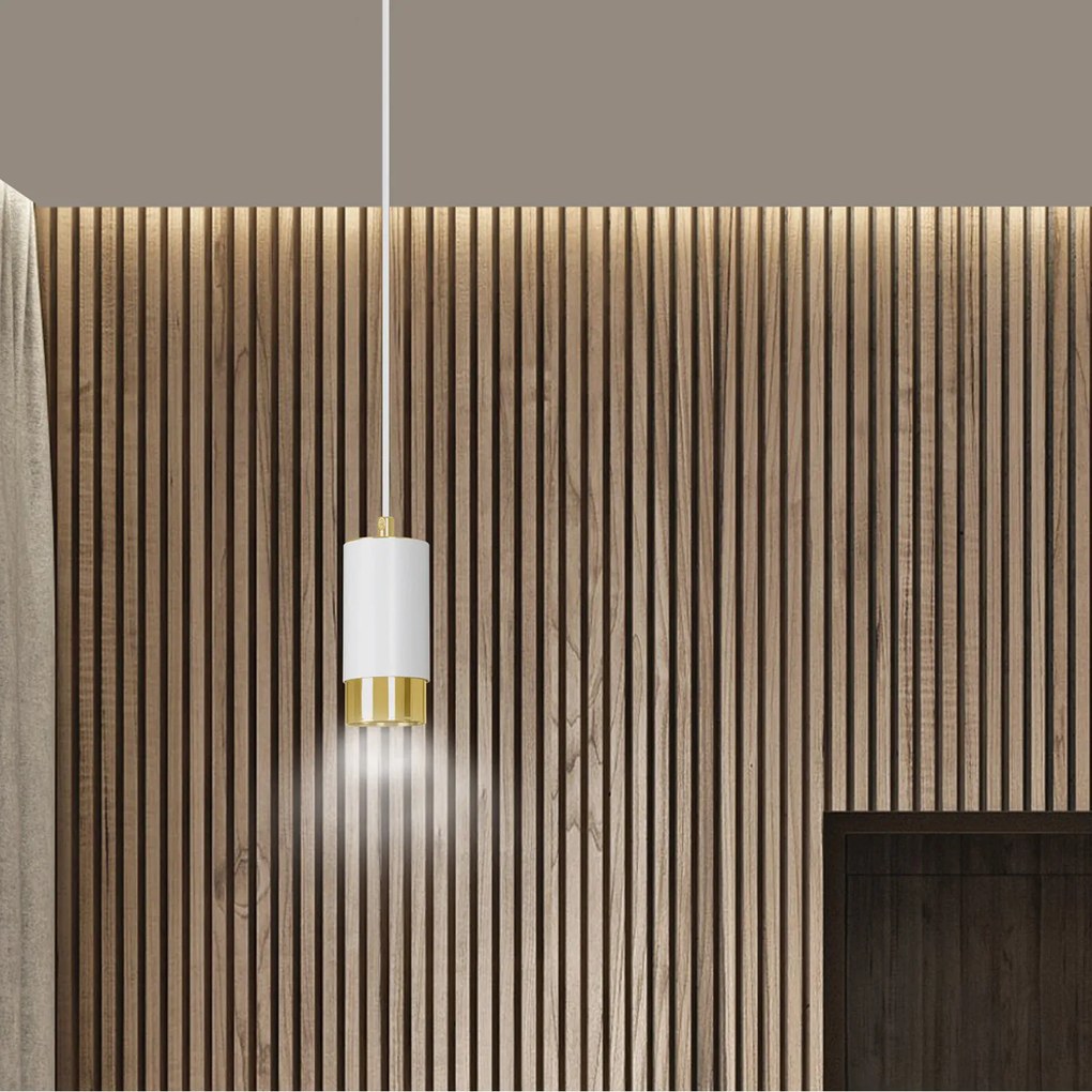 Sospensione Moderna 1 Luce Ivar A Cilindro In Acciaio Bianco E Oro