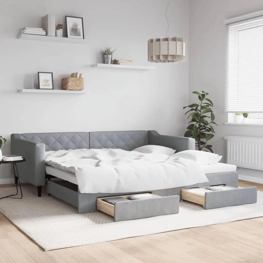 Divano Letto Estraibile Cassetti Grigio Chiaro 100x200 Tessuto /
