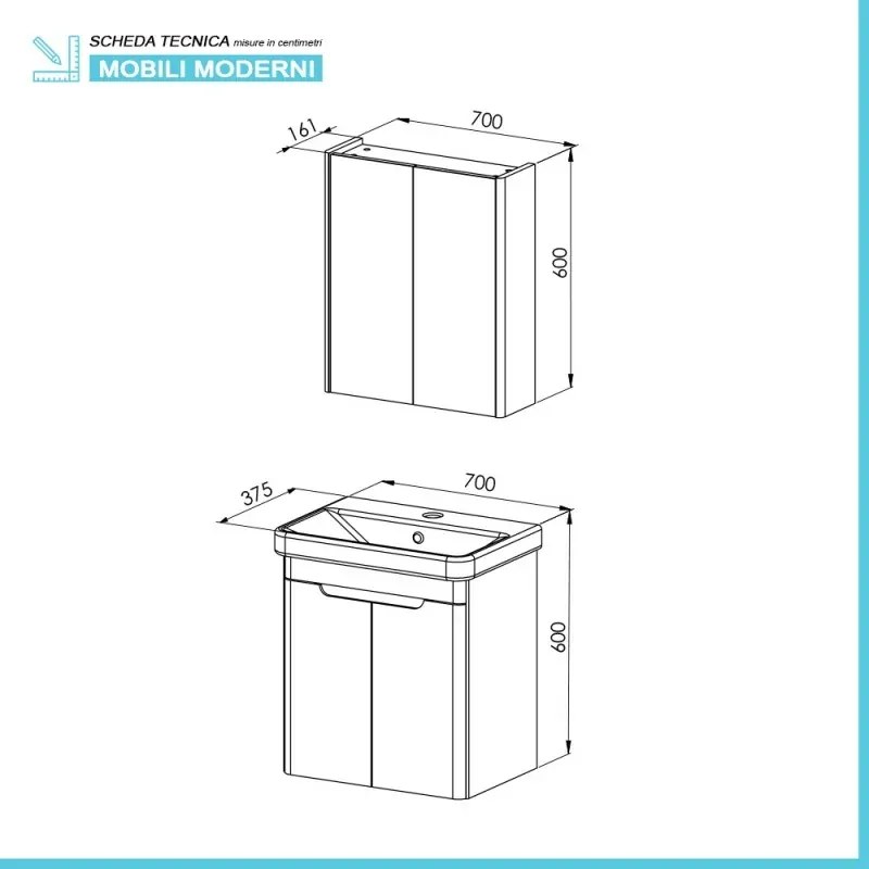 Mobile bagno sospeso 70 cm bianco lucido con armadietto a specchio Clip