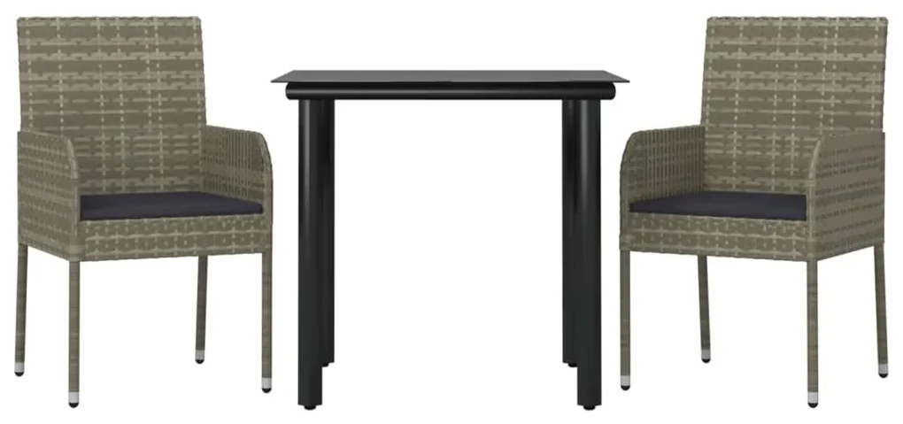 Set salotto giardino 3 pz con cuscini nero e grigio polyrattan