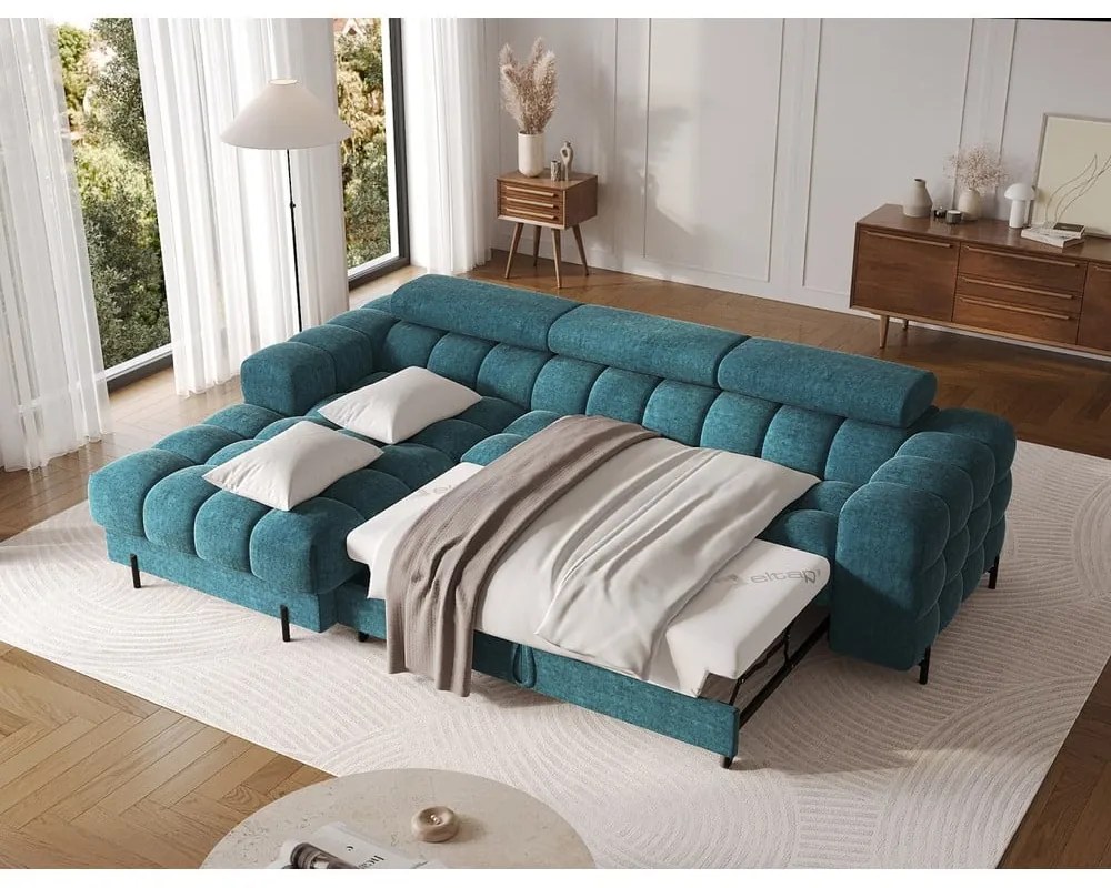 Divano angolare blu allungabile/con contenitore (con penisola a sinistra/con chaise lounge) con rivestimento in bouclé Felro – ELTAP