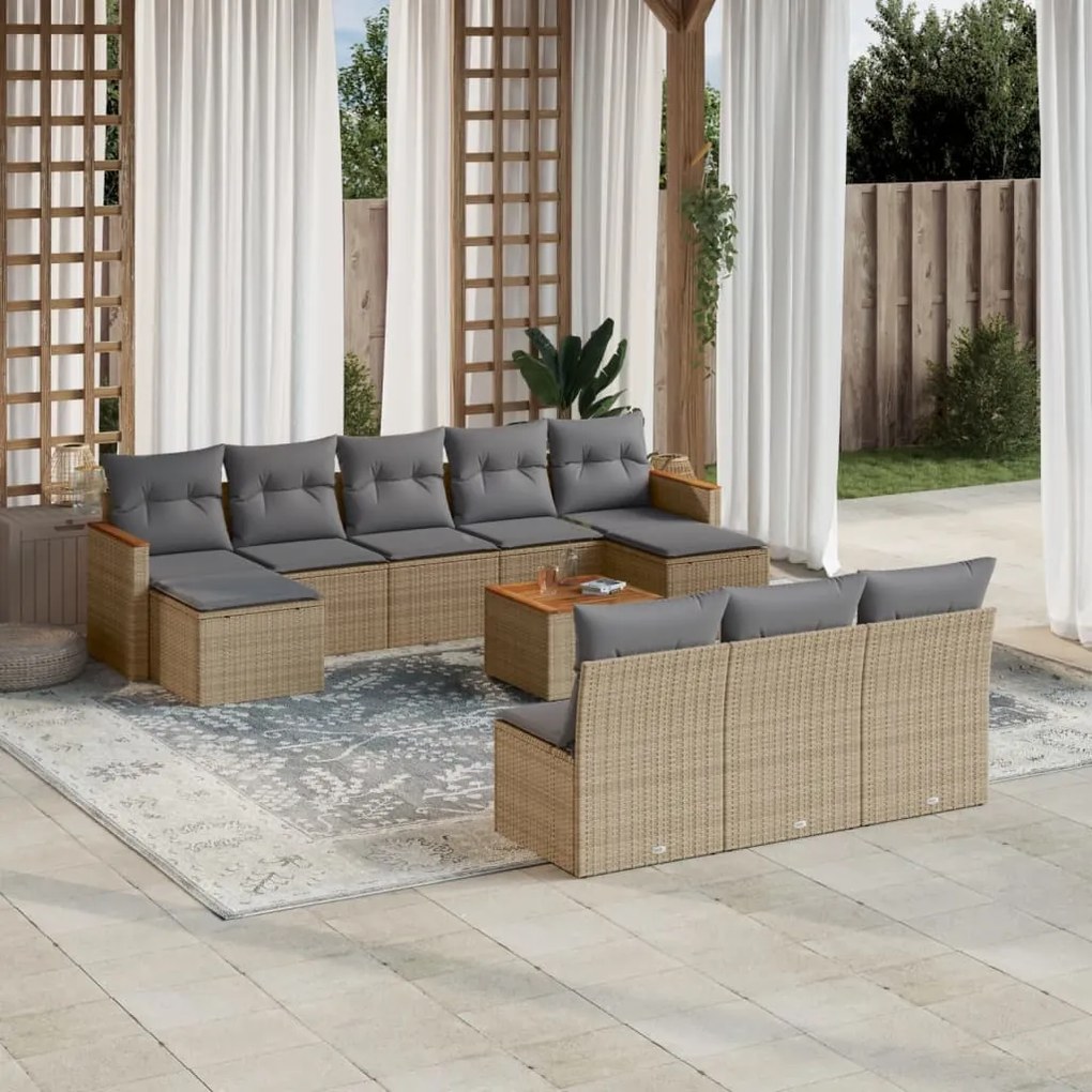 Set divani da giardino 11 pz con cuscini beige in polyrattan