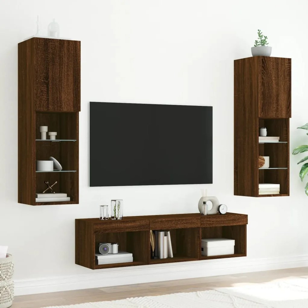 Mobili TV a Muro con LED 5pz Rovere Marrone Legno Multistrato