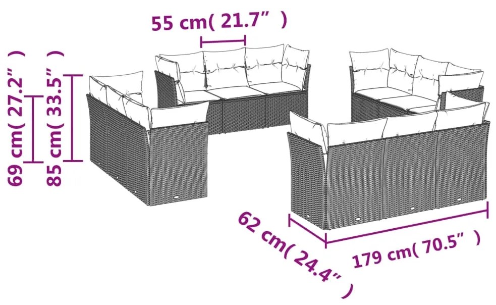 Set divano giardino 12 pz con cuscini grigio chiaro polyrattan