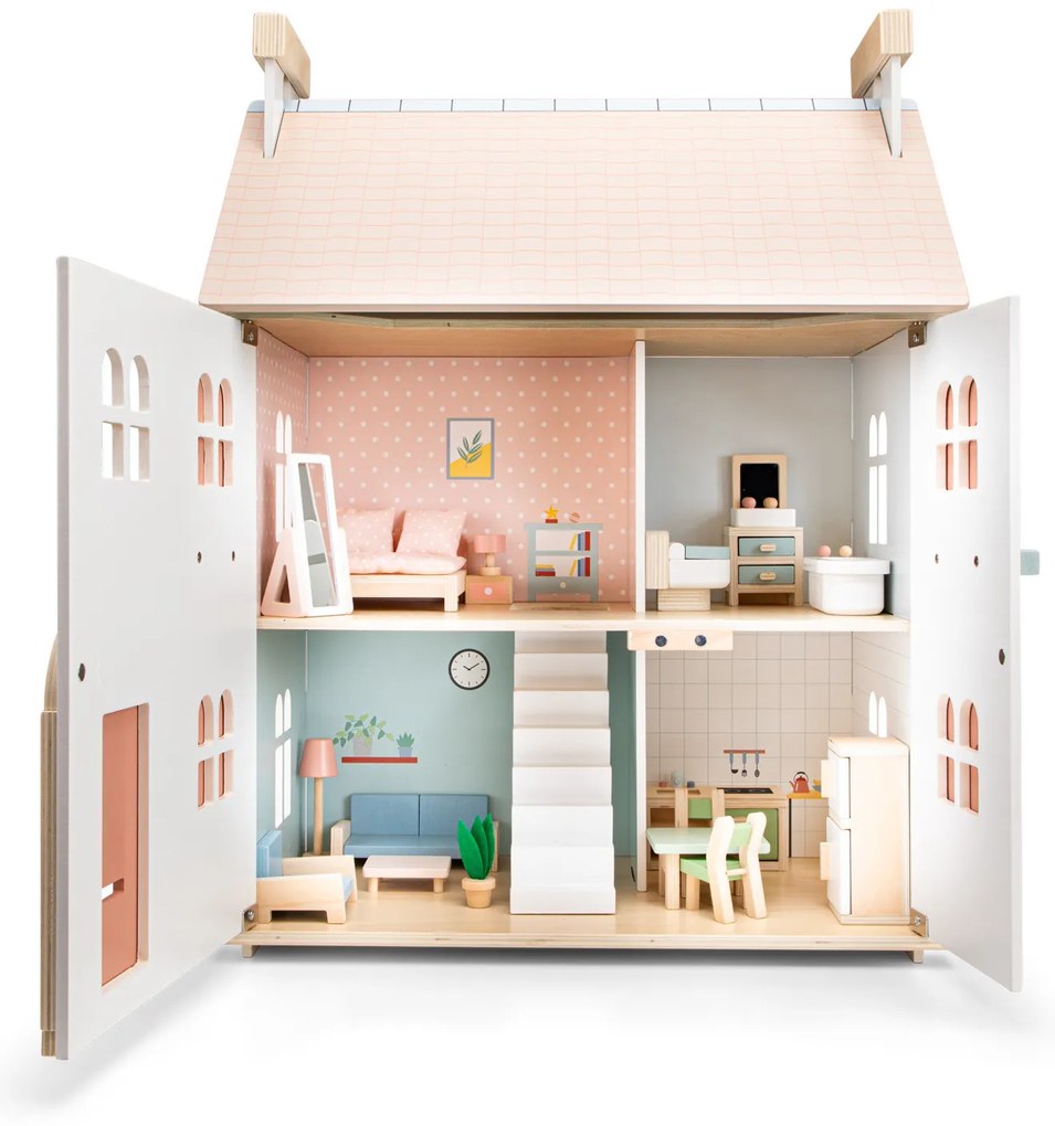 Casa delle bambole in legno con arredamento