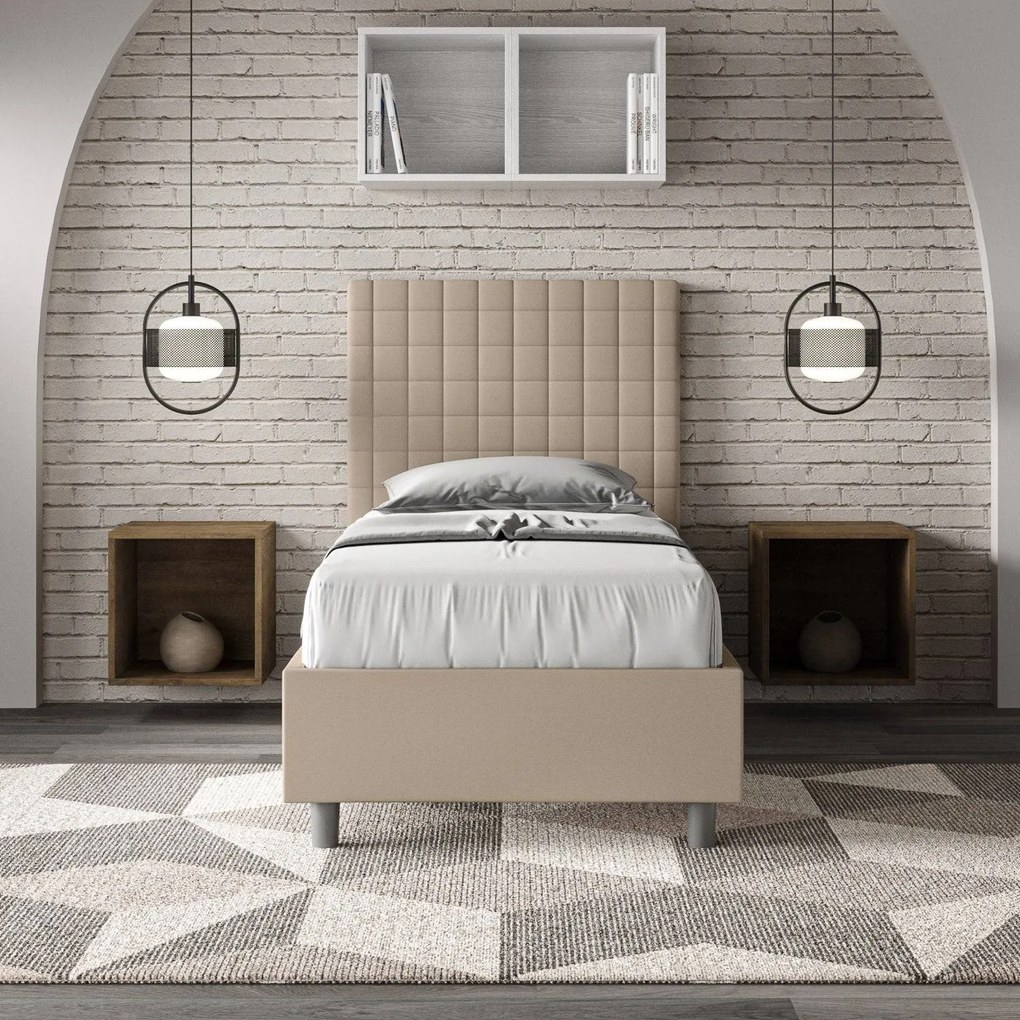 Letto singolo imbottito similpelle Sunny, Tortora / Con Rete