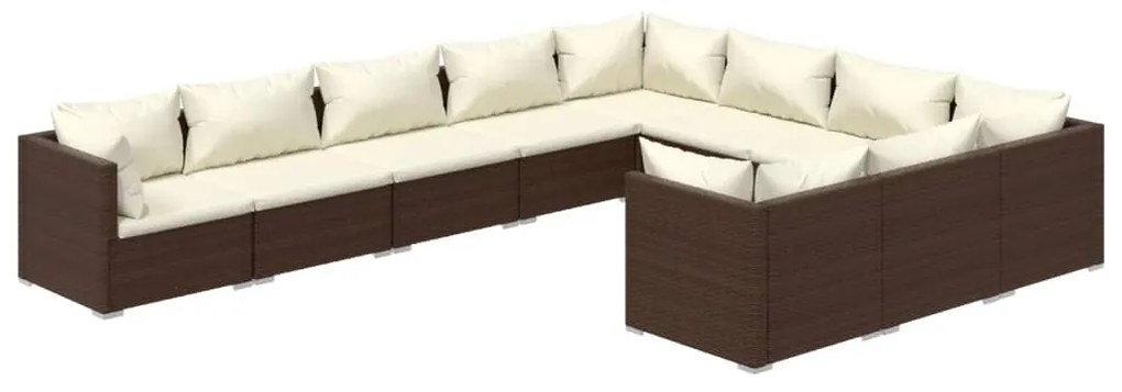 Set divani da giardino 10 pz con cuscini in polyrattan marrone