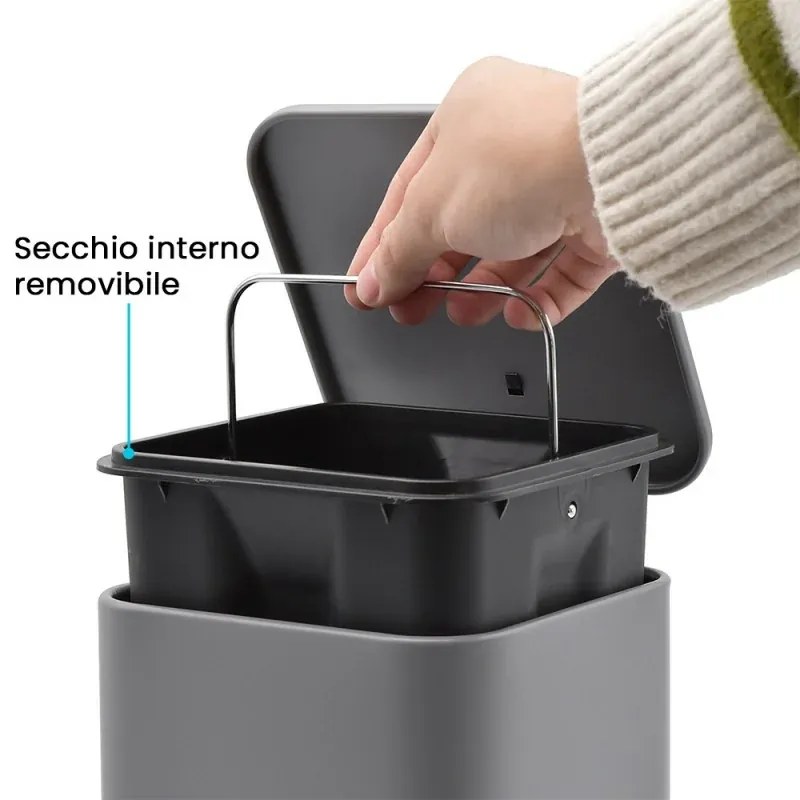 Pattumiera bagno 3lt in acciaio grigio con apertura a pedale e cesto estraibile