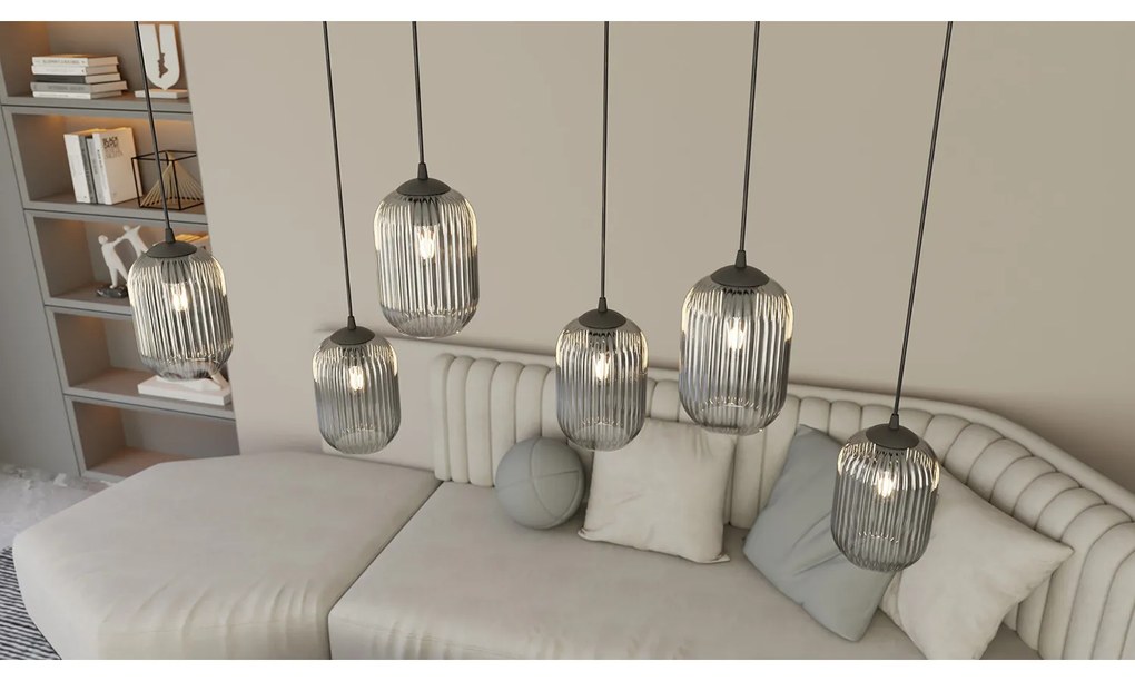 Lampadario 6 Luci Selene In Acciaio Nero E Vetri Plissettati Fumè