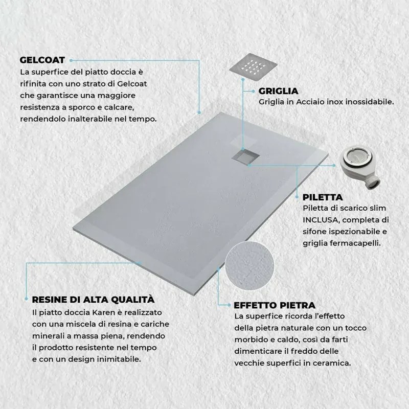 Piatto doccia 70x140 cm grigio effetto pietra in resina riducibile Karen