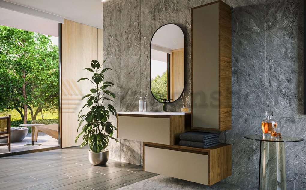 Mobile bagno tortora opaco 80x47 Siena due cassetti con colonna ad anta push&pull e lavabo integrato noce