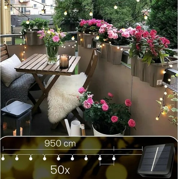 Catena decorativa solare a LED, 50 LED / 8 funzioni, 500 mAh, 9,5 m, IP67, bianco caldo