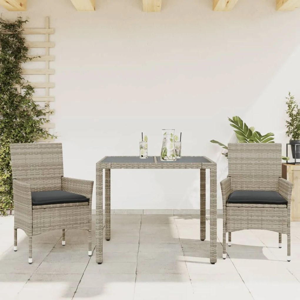 Set Pranzo Da Giardino 3pz Con Cuscini Polyrattan E Vetro /