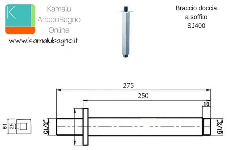 Kamalu - braccio doccia a soffitto 25cm squadrato | kam-diana