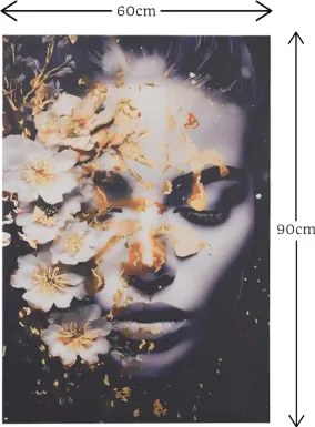 Quadro moderno verticale su tela 60x90 cm con ritratto di donna con fiori