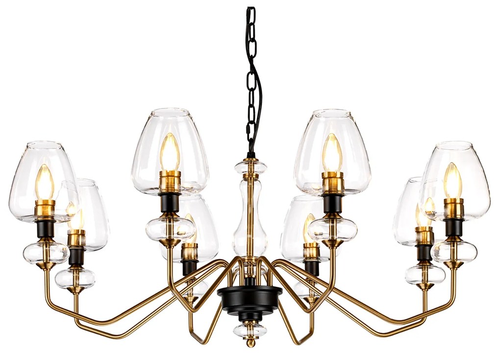 Lampadario Armand Acciaio Ottone Antico Nero Carbone Vetro Nero 8 Luci E14