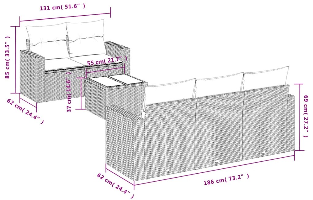 Set divano da giardino 6pz con cuscini grigio chiaro polyrattan