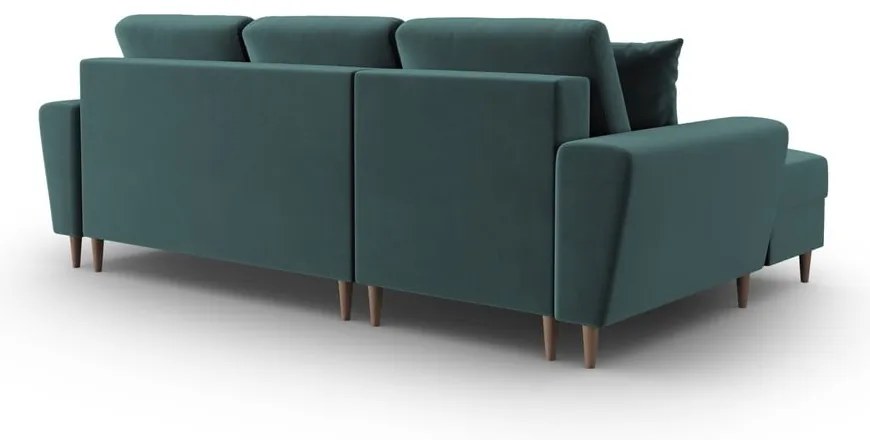 Divano angolare color petrolio allungabile e con contenitore (con penisola a sinistra/con chaise lounge) con rivestimento in velluto Kyoto – Cosmopolitan Design