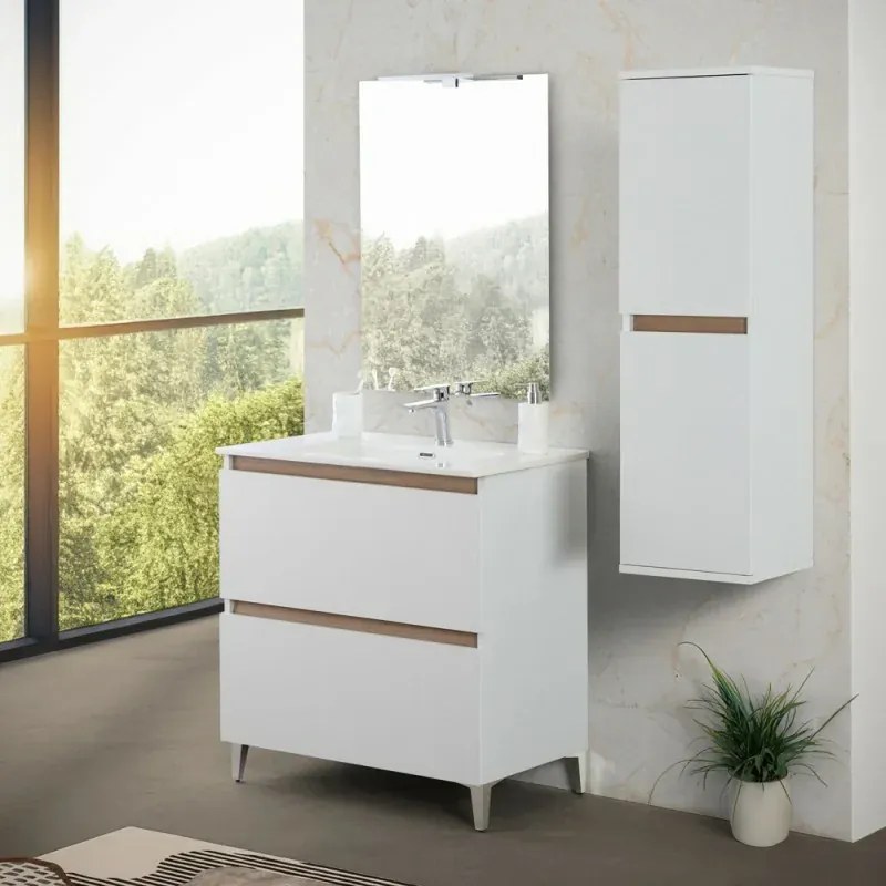 Mobile bagno a terra 80 cm bianco e rovere con cassetti soft-close Kleo