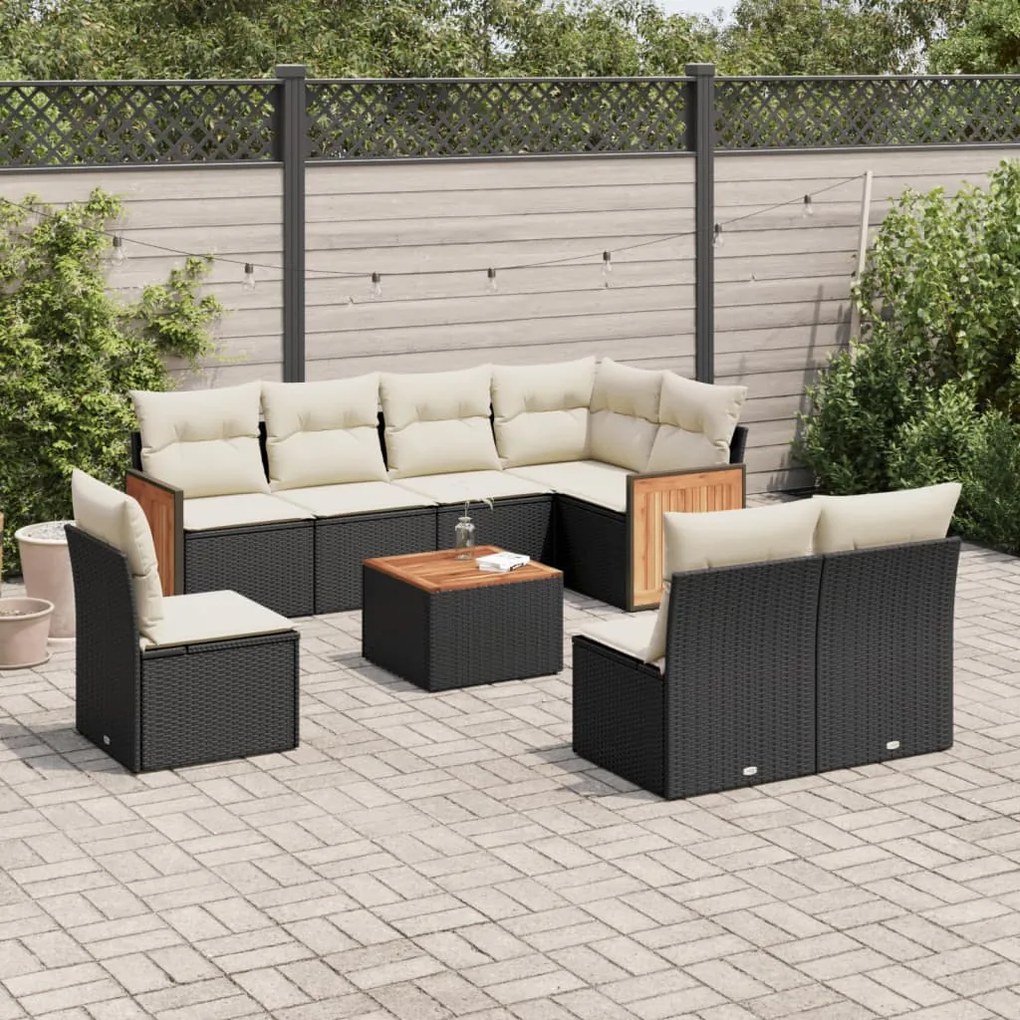 Set Divani da Giardino 9 pz con Cuscini Nero in Polyrattan