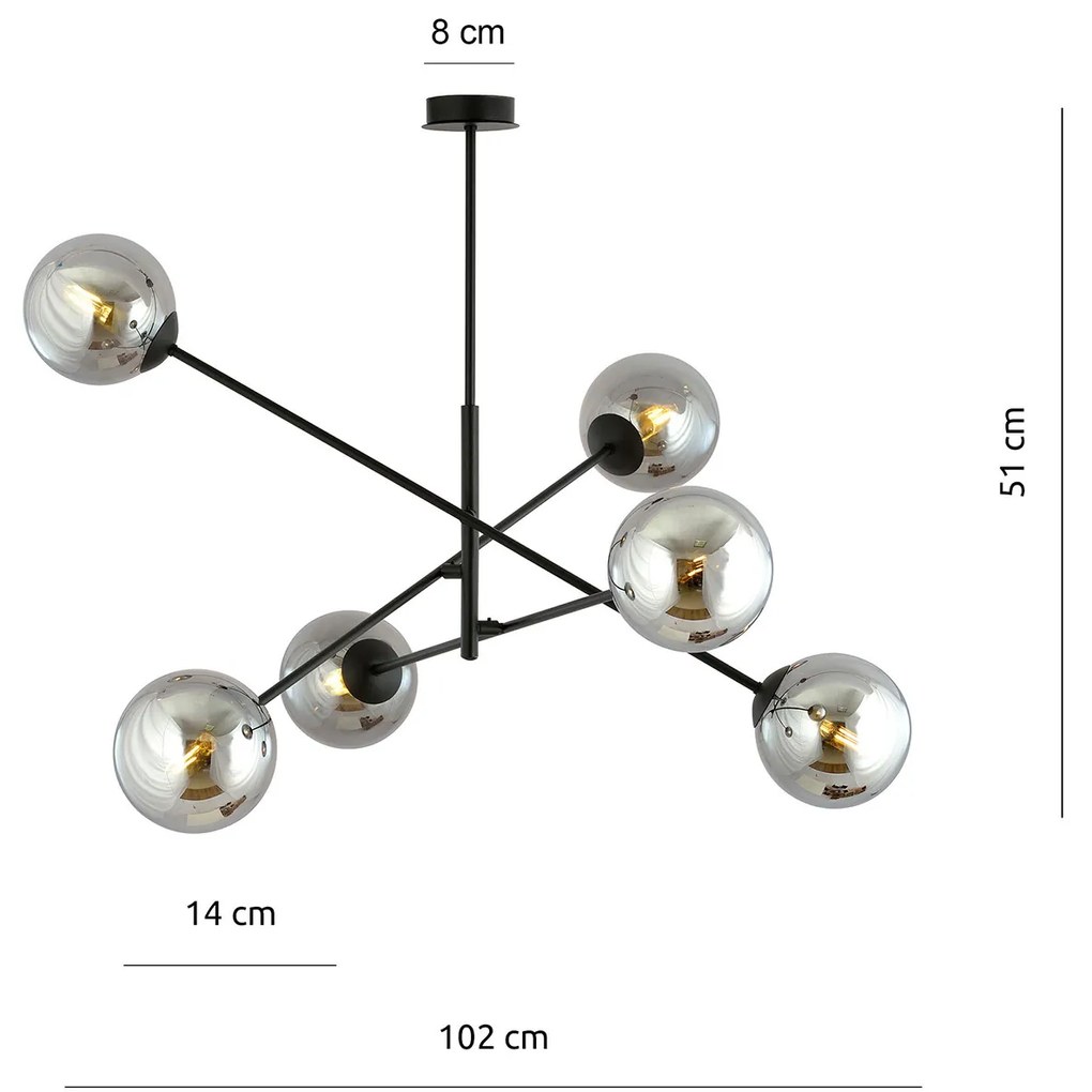 Lampadario 6 Luci Yama In Acciao Nero Con Bracci Regolabili E Vetro Fumè