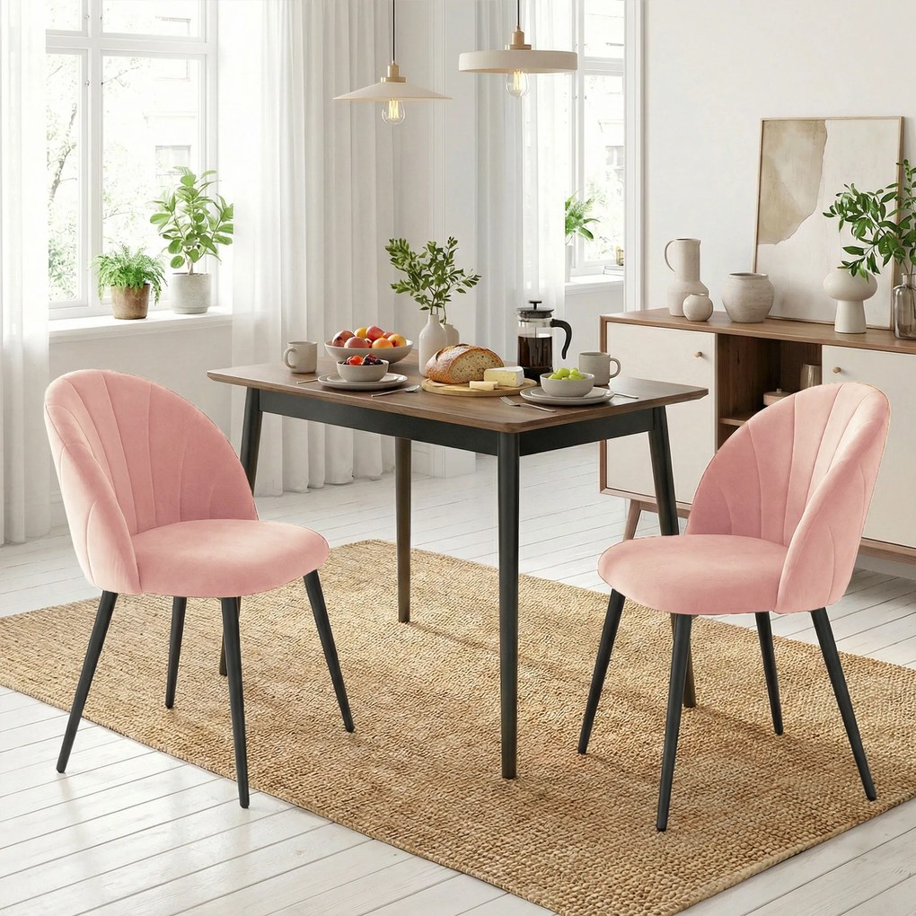 Set 2 Sedie da Pranzo Imbottite 52x55x79 cm con Schienale a Conchiglia in Velluto Rosa...