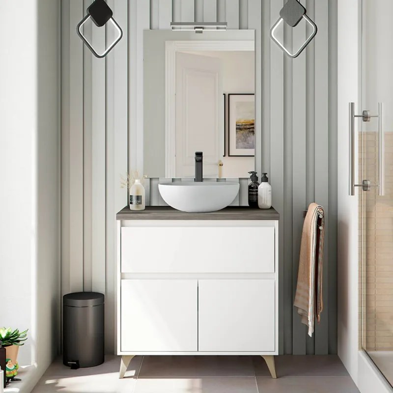 Mobile bagno da terra 80 legno bianco con lavabo e specchio   Lucy