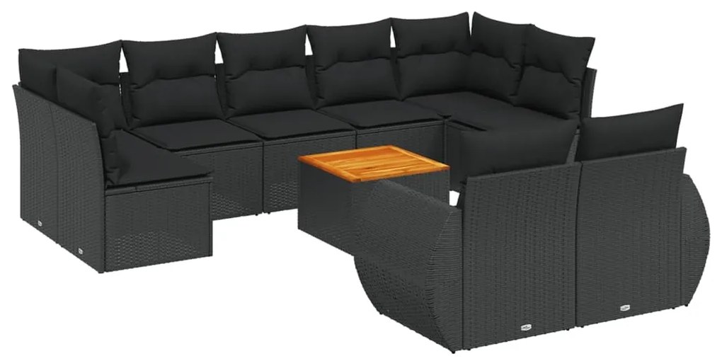 Set divani da giardino 10pz con cuscini in polyrattan nero