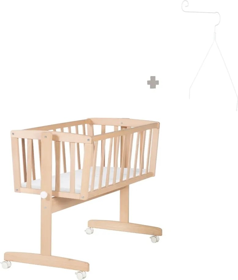 Culla di colore naturale in faggio massiccio con ruote e baldacchino 40x90 cm Adam and Owl – Roba